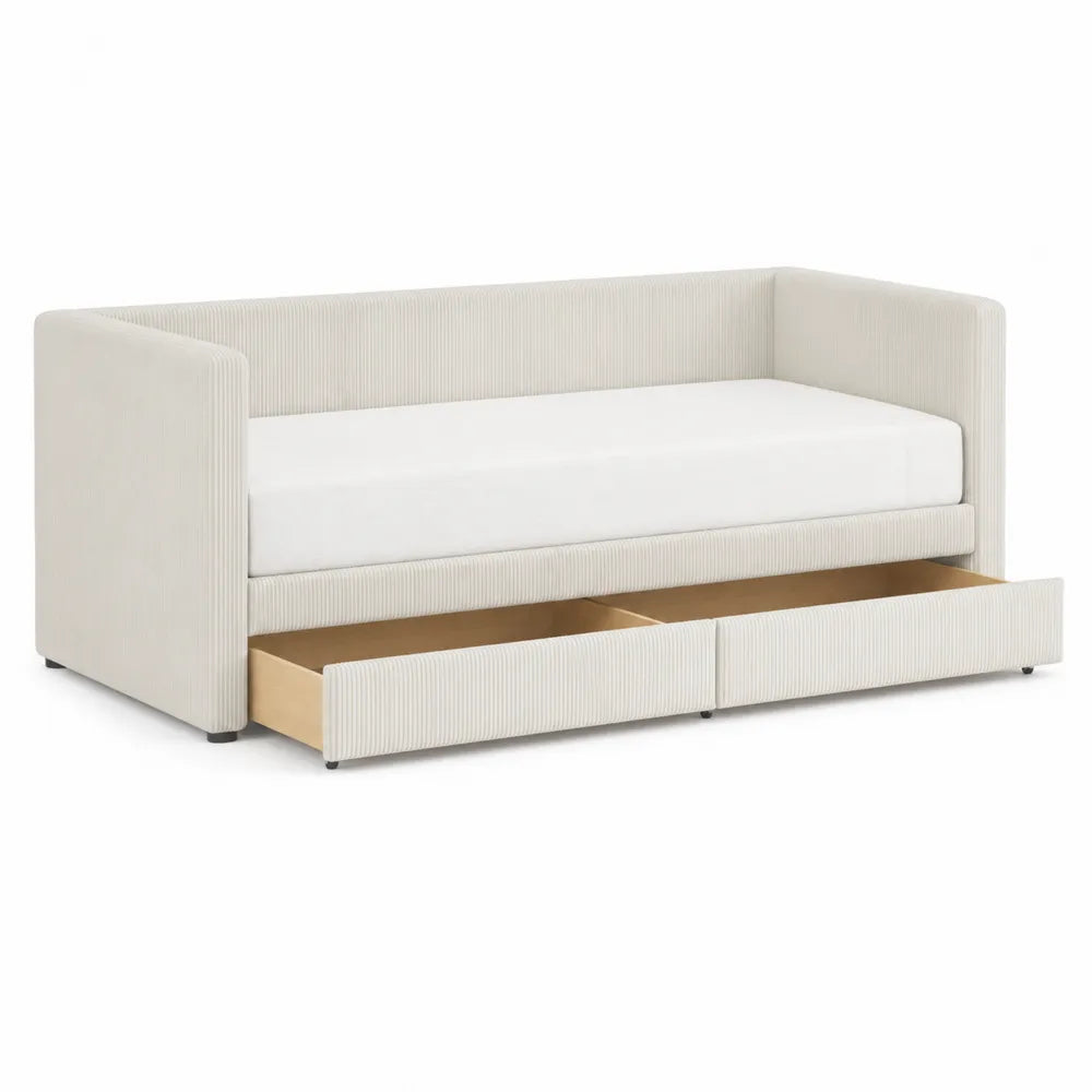Lit banquette en tissu c?tel¨¦ avec tiroirs en bois 202x97x66