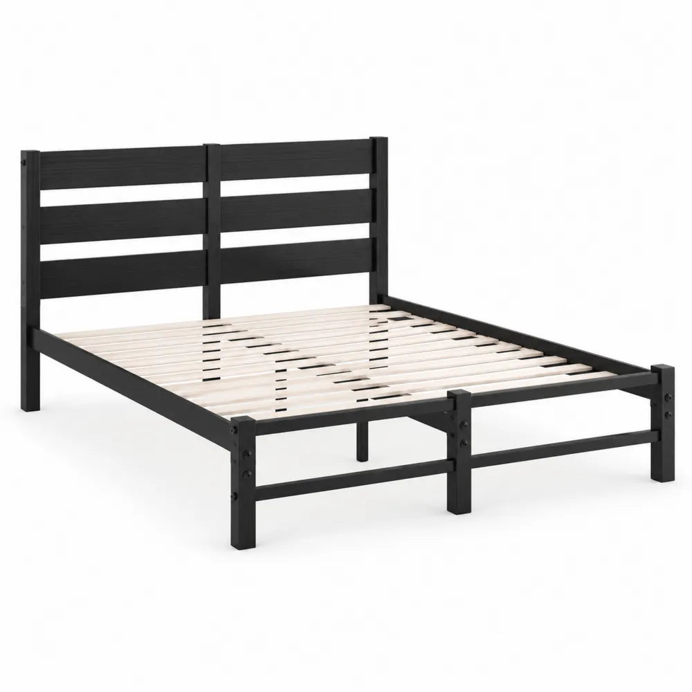 Cadre de lit en bois noir avec lattes de pin 140 x 200