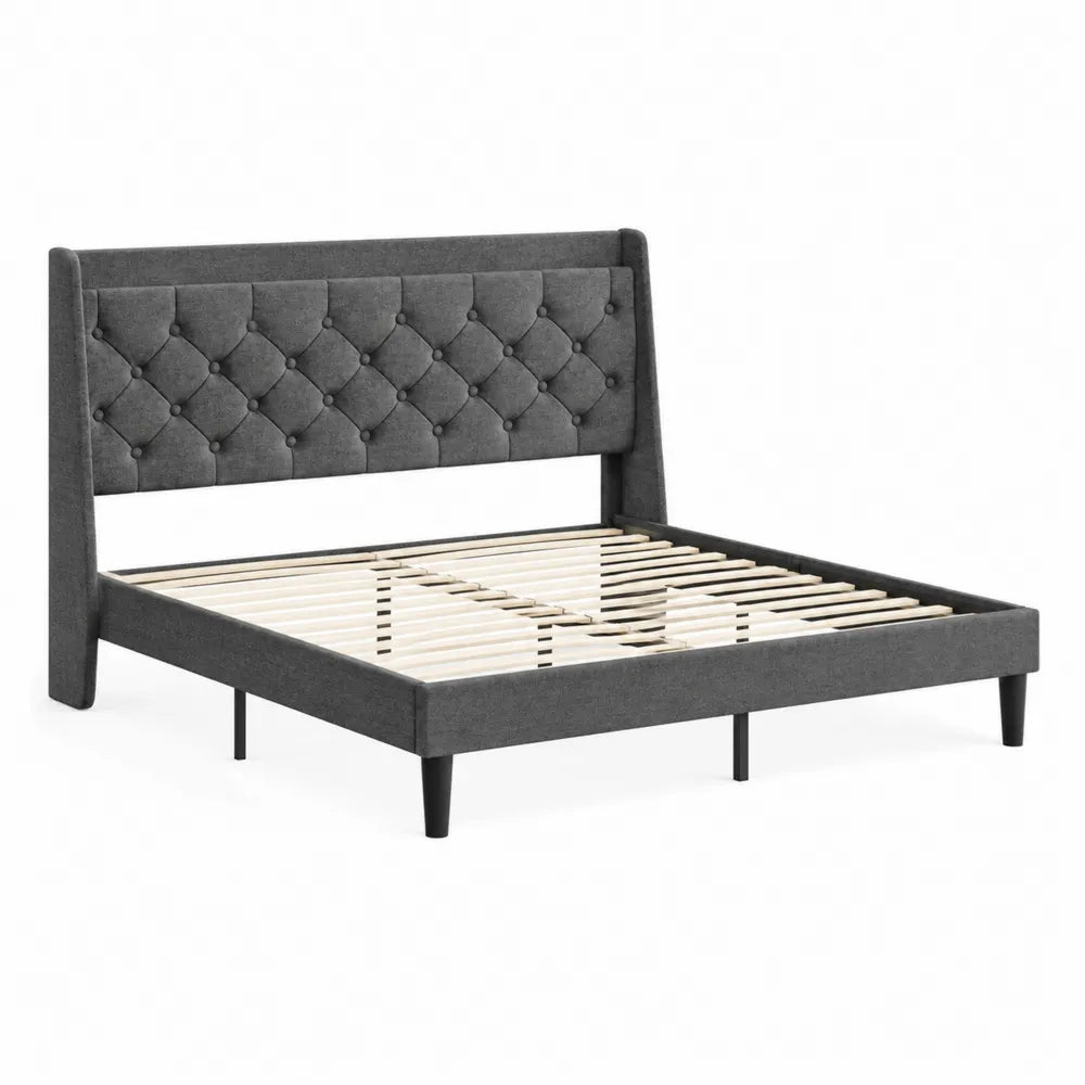 Lit double en bois avec t¨ºte de lit capitonn¨¦e en tissu