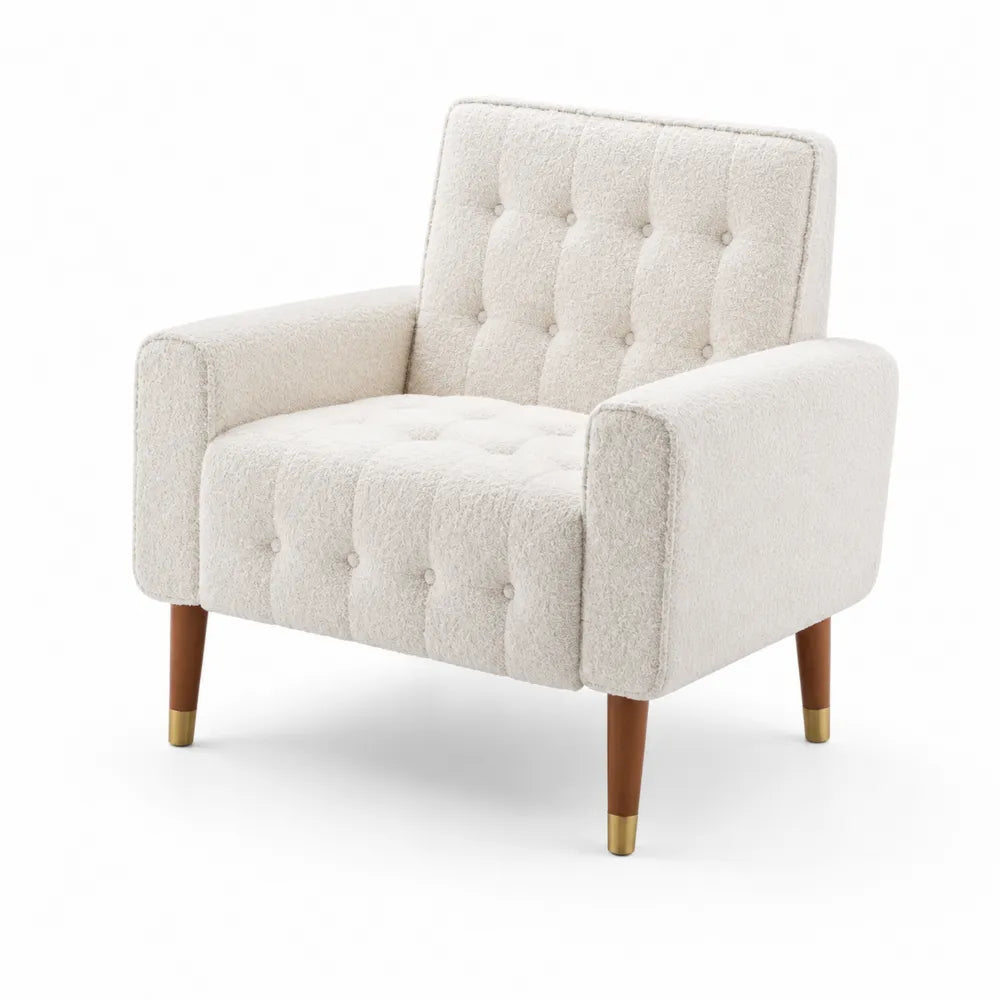 Fauteuil en tissu boucl¨¦ cr¨¨me avec pieds en bois et d¨¦tails
