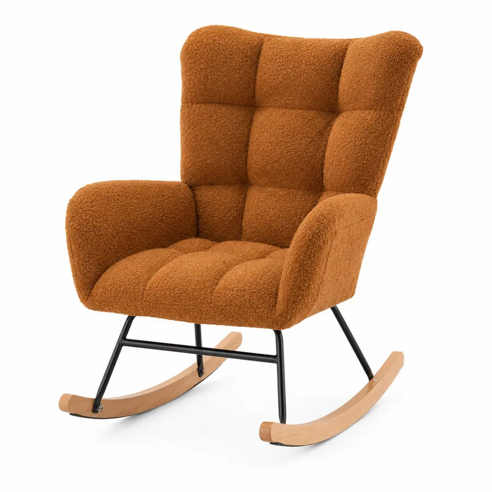 Fauteuil ¨¤ bascule en bouclette marron avec cadre en m¨¦tal et pieds en