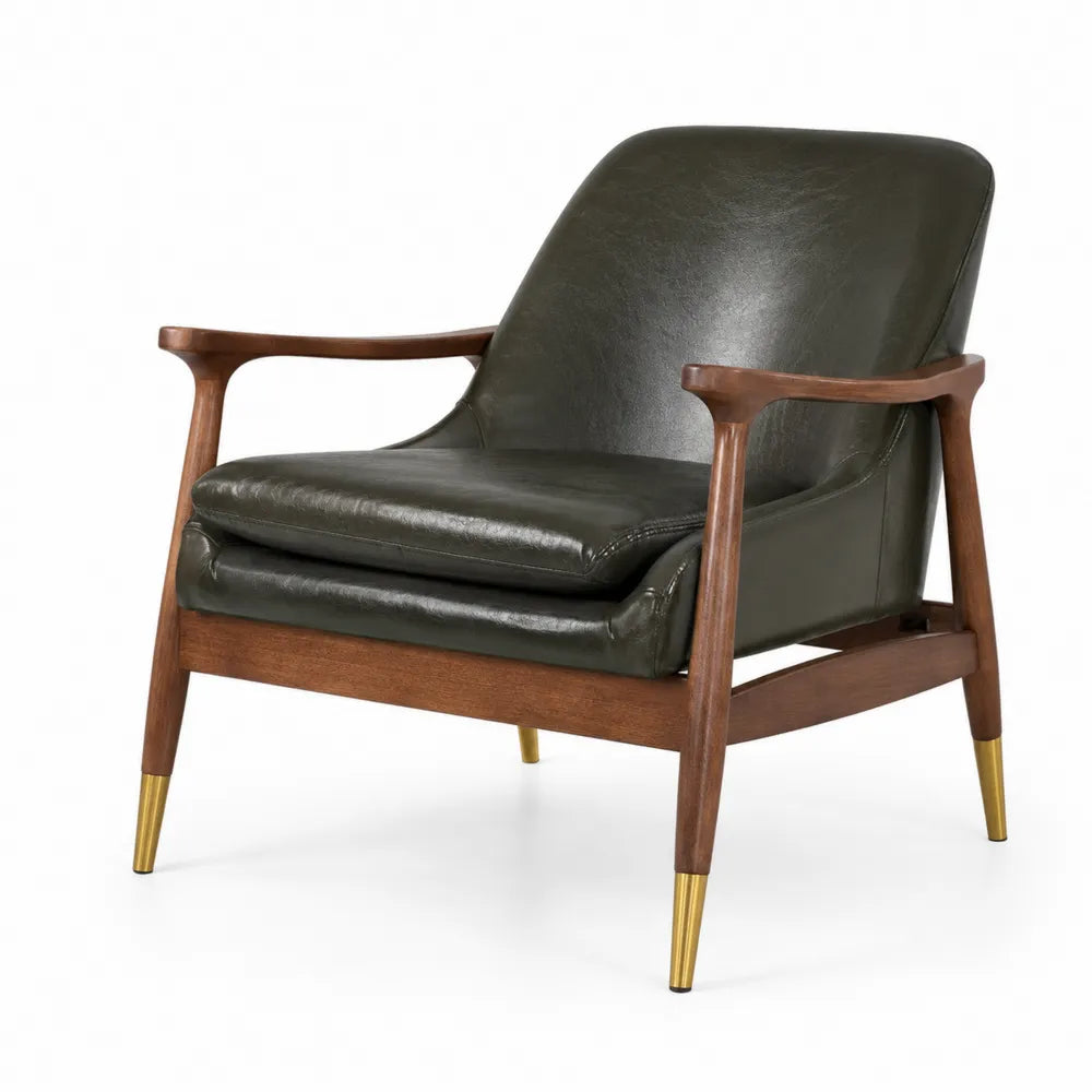 Fauteuil en cuir synth¨¦tique vert avec accoudoirs en bois et pieds en