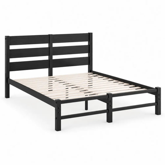 Cadre de lit en bois noir avec lattes de pin 140 x 200
