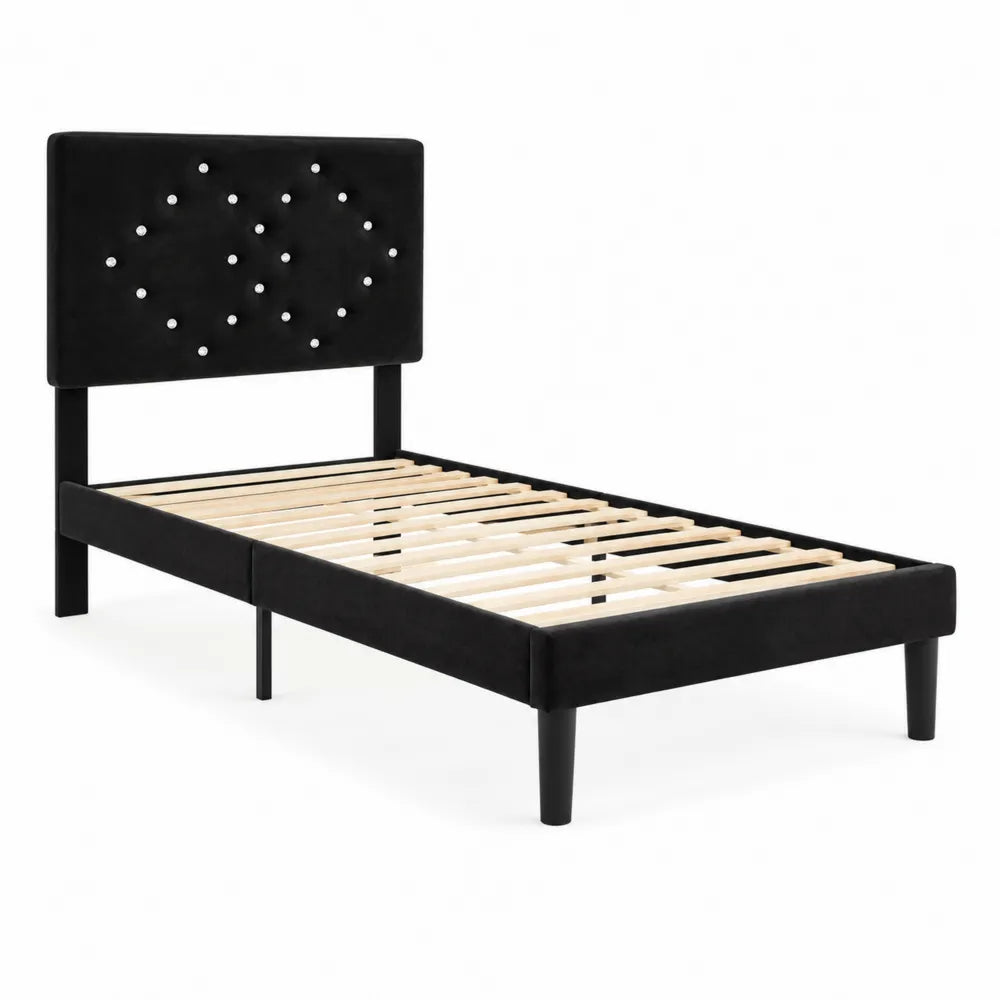 Lit simple en velours avec structure en bois